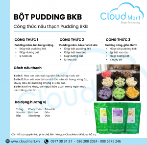 Công thức nấu thạch pudding BKB chuẩn quán trà sữa với 3 cách nấu: pudding mềm, pudding béo cho trà sữa và pudding cứng cắt khối đẹp, kèm hình thành phẩm nhiều màu và bao bì bột pudding BKB.