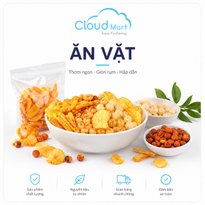 Danh mục ăn vặt CloudMart với các loại snack, bánh và đồ ăn vặt hấp dẫn